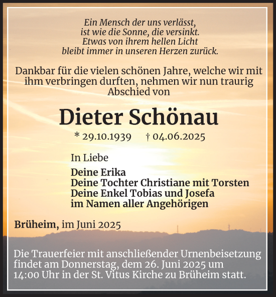 Traueranzeige von Dieter Schönau von Thüringer Allgemeine, Thüringische Landeszeitung