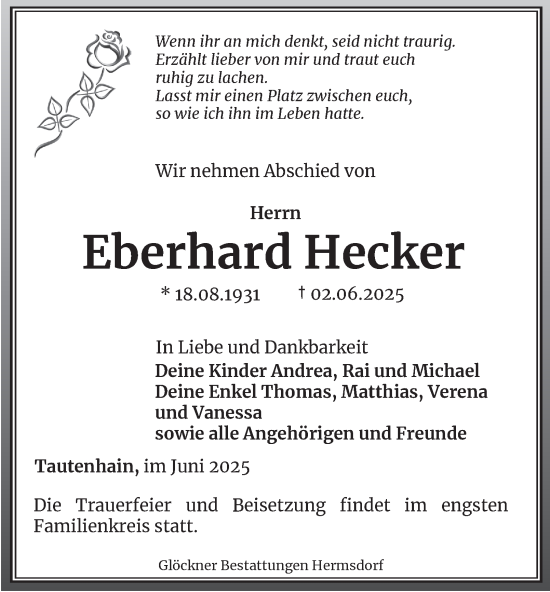 Traueranzeige von Eberhard Hecker von Ostthüringer Zeitung