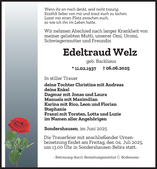 Traueranzeige von Edeltraud Welz von Thüringer Allgemeine