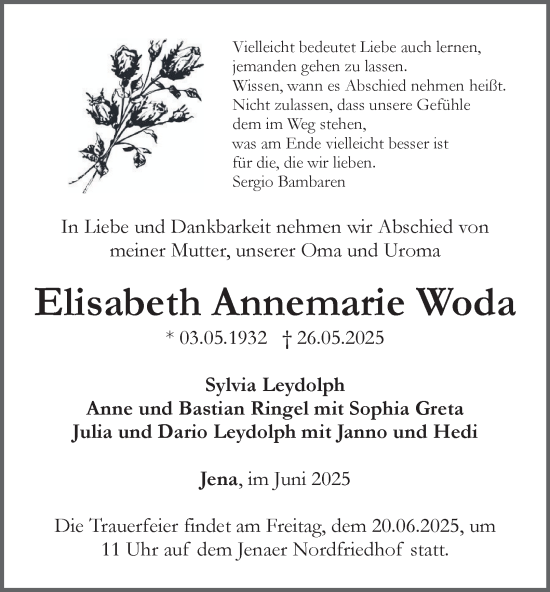 Traueranzeige von Elisabeth Annemarie Woda von Ostthüringer Zeitung, Thüringische Landeszeitung