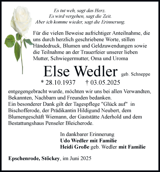 Traueranzeige von Else Wedler von Thüringer Allgemeine