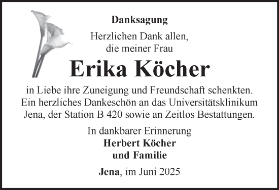 Traueranzeige von Erika Köcher von Ostthüringer Zeitung, Thüringische Landeszeitung