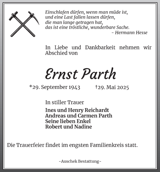 Traueranzeige von Ernst Parth von Ostthüringer Zeitung