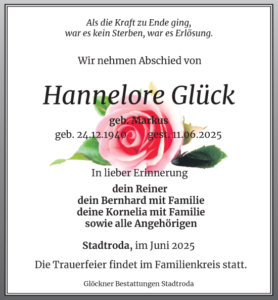 Traueranzeige von Hannelore Glück von OTZ