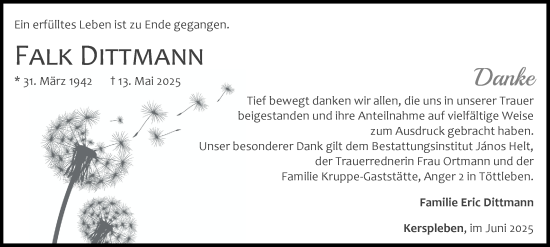 Traueranzeige von Falk Dittmann von Thüringer Allgemeine, Thüringische Landeszeitung