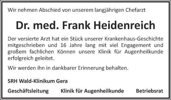 Traueranzeige von Frank Heidenreich von Ostthüringer Zeitung