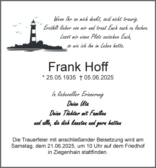 Traueranzeige von Frank Hoff von Ostthüringer Zeitung, Thüringische Landeszeitung
