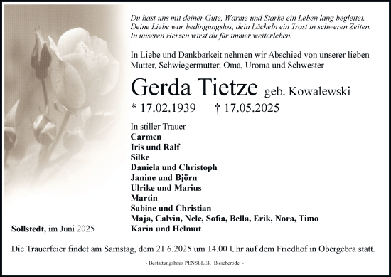 Traueranzeige von Gerda Tietze von Thüringer Allgemeine