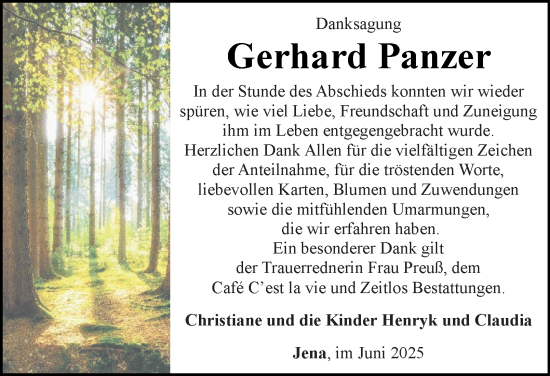 Traueranzeige von Gerhard Panzer von Ostthüringer Zeitung, Thüringische Landeszeitung