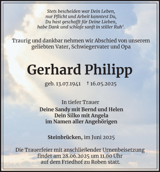 Traueranzeige von Gerhard Philipp von Ostthüringer Zeitung
