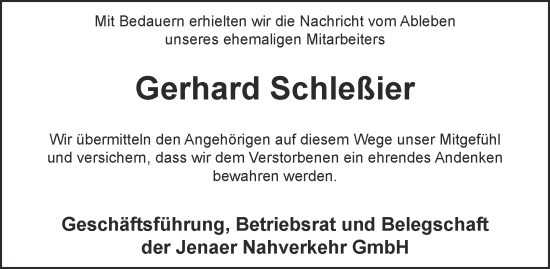 Traueranzeige von Gerhard Schleßier von Ostthüringer Zeitung, Thüringische Landeszeitung