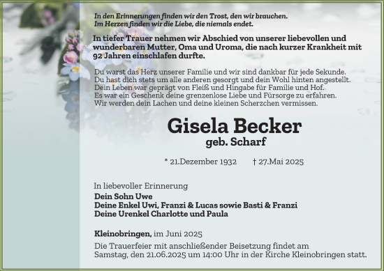 Traueranzeige von Gisela Becker von Thüringer Allgemeine, Thüringische Landeszeitung