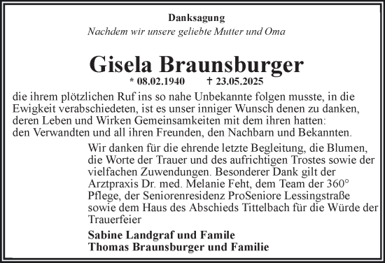 Traueranzeige von Gisela Braunsburger von Thüringer Allgemeine