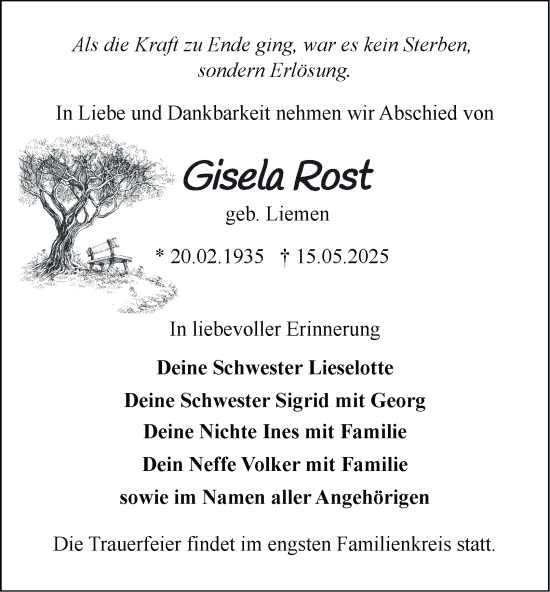 Traueranzeige von Gisela Rost von Thüringer Allgemeine, Thüringische Landeszeitung