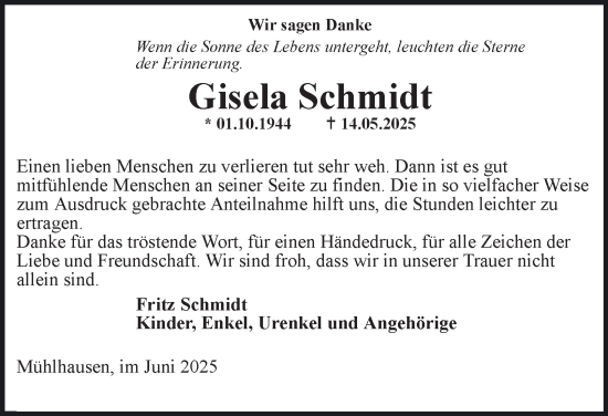 Traueranzeige von Gisela Schmidt von Thüringer Allgemeine, Thüringische Landeszeitung
