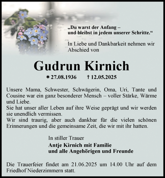Traueranzeige von Gudrun Kirnich von Thüringer Allgemeine, Thüringische Landeszeitung