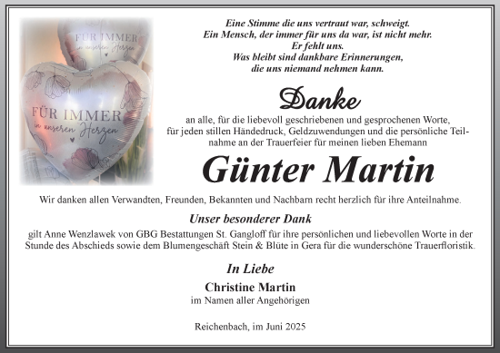 Traueranzeige von Günter Martin von Ostthüringer Zeitung