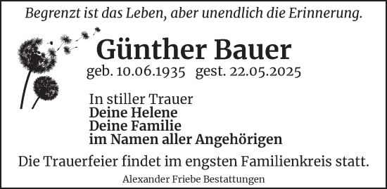 Traueranzeige von Günther Bauer von Thüringer Allgemeine, Thüringische Landeszeitung