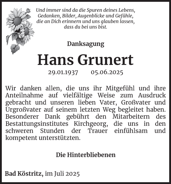 Traueranzeige von Hans Grunert von Ostthüringer Zeitung