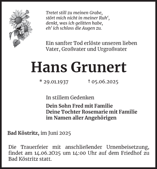 Traueranzeige von Hans Grunert von Ostthüringer Zeitung