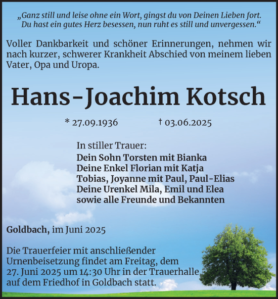 Traueranzeige von Hans-Joachim Kotsch von Thüringer Allgemeine, Thüringische Landeszeitung
