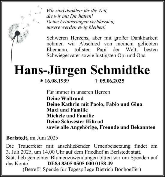 Traueranzeige von Hans-Jürgen Schmidtke von Thüringer Allgemeine, Thüringische Landeszeitung