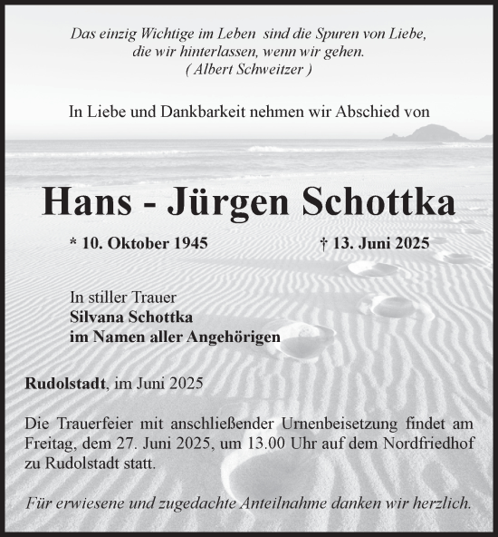 Traueranzeige von Hans-Jürgen Schottka von Ostthüringer Zeitung