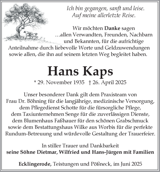 Traueranzeige von Hans Kaps von Thüringer Allgemeine