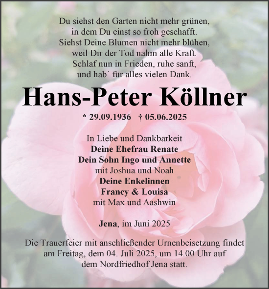 Traueranzeige von Hans-Peter Köllner von Ostthüringer Zeitung, Thüringische Landeszeitung
