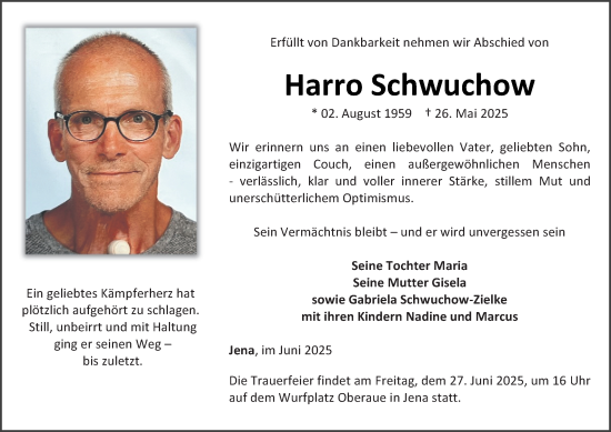 Traueranzeige von Harro Schwuchow von Ostthüringer Zeitung, Thüringische Landeszeitung