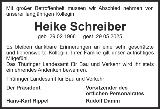 Traueranzeige von Heike Schreiber von Thüringer Allgemeine, Thüringische Landeszeitung