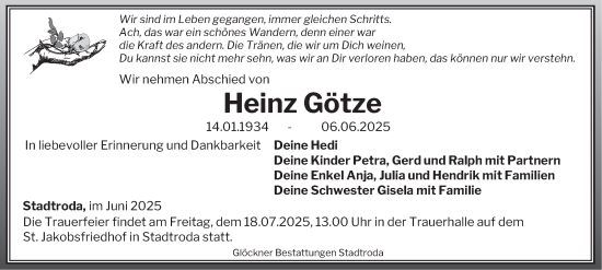 Traueranzeige von Heinz Götze von Ostthüringer Zeitung