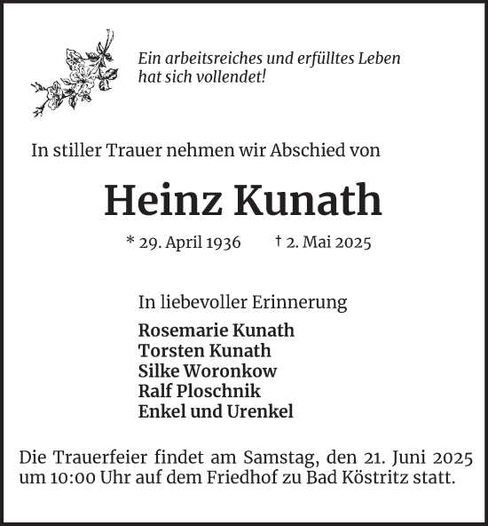 Traueranzeige von Heinz Kunath von Ostthüringer Zeitung