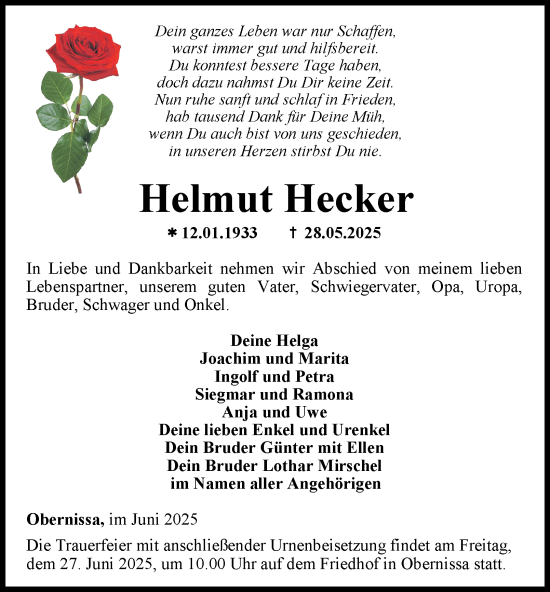 Traueranzeige von Helmut Hecker von Thüringer Allgemeine, Thüringische Landeszeitung