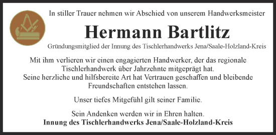Traueranzeige von Hermann Bartlitz von Ostthüringer Zeitung