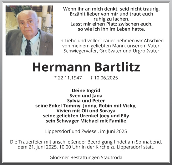 Traueranzeige von Hermann Bartlitz von Ostthüringer Zeitung