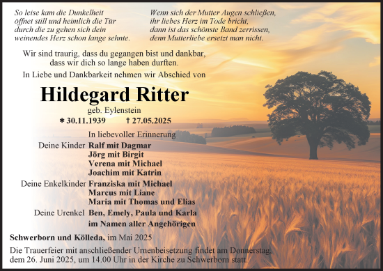 Traueranzeige von Hildegard Ritter von Thüringer Allgemeine, Thüringische Landeszeitung