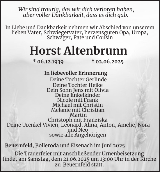 Traueranzeige von Horst Altenbrunn von Thüringer Allgemeine, Thüringische Landeszeitung