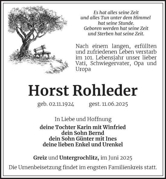 Traueranzeige von Horst Rohleder von Ostthüringer Zeitung
