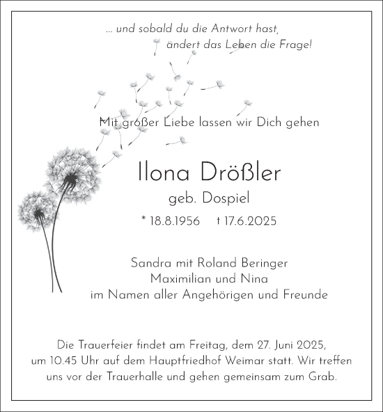 Traueranzeige von Ilona Drößler von Thüringer Allgemeine, Thüringische Landeszeitung
