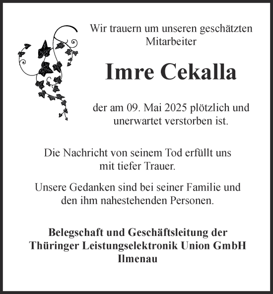 Traueranzeige von Imre Cekalla von Thüringer Allgemeine
