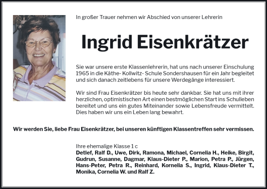 Traueranzeige von Ingrid Eisenkrätzer von Thüringer Allgemeine