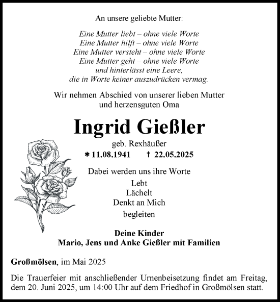 Traueranzeige von Ingrid Gießler von Thüringer Allgemeine, Thüringische Landeszeitung
