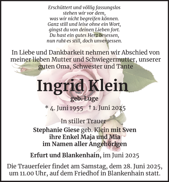 Traueranzeige von Ingrid Klein von Thüringer Allgemeine, Thüringische Landeszeitung