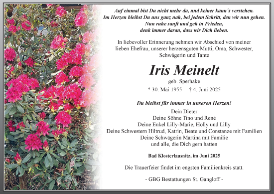 Traueranzeige von Iris Meinelt von Ostthüringer Zeitung
