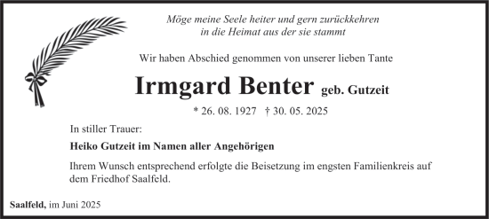 Traueranzeige von Irmgard Benter von Ostthüringer Zeitung