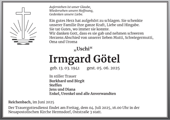 Traueranzeige von Irmgard Götel von Ostthüringer Zeitung