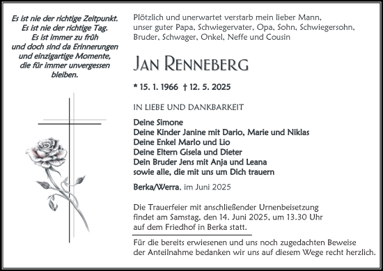 Traueranzeige von Jan Renneberg von Thüringer Allgemeine, Thüringische Landeszeitung