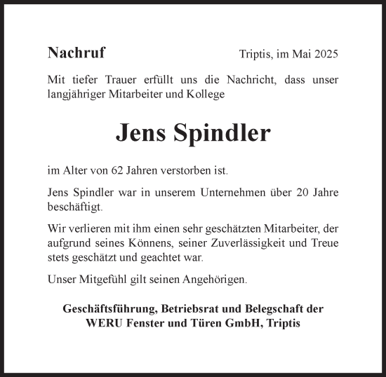 Traueranzeige von Jens Spindler von Ostthüringer Zeitung