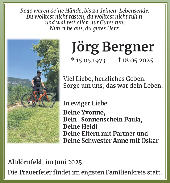 Traueranzeige von Jörg Bergner von Thüringer Allgemeine, Thüringische Landeszeitung
